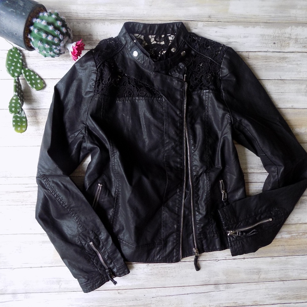 Large Vegan Leather Jacket Lace Crochet Moto Motorcycle Utility Anorak